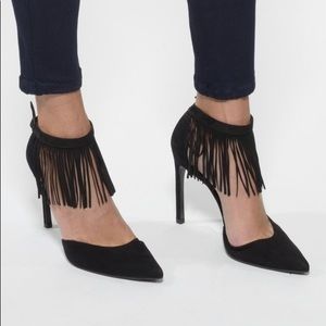 Stuart Weitzman Black Suede Fringe Heels